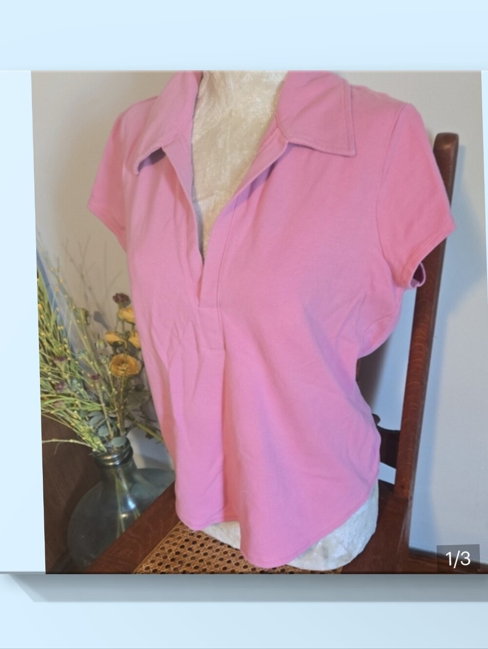 LOFT Pink Short-Sleeve Polo-Style Top Size Lg